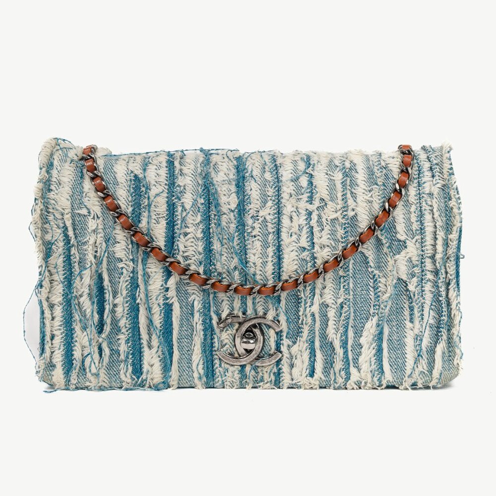 Chanel 15P Blue Denim Fringe CC Medium Flap Bag
